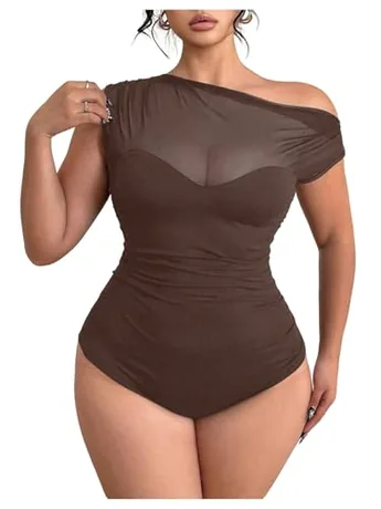 Plus Size Mesh Bodysuit, Coffee (3X-Large Plus)