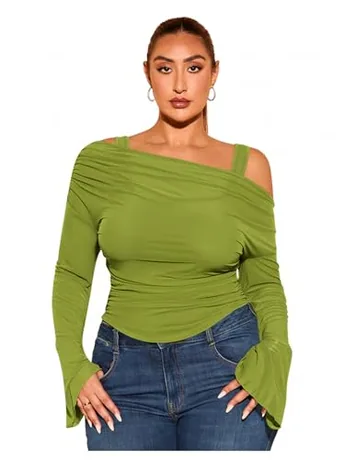 Plus Size Long Sleeve Off Shoulder T-Shirt, Green (X-Large Plus)