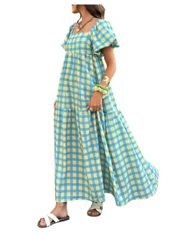 Maxi Plaid Dress, Blue