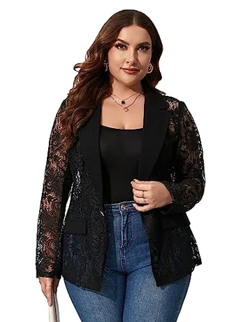 Plus Size Long Sleeve Lace Blazer, Black