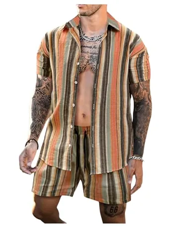 Short Sleeve Striped Outfit Set, Orange