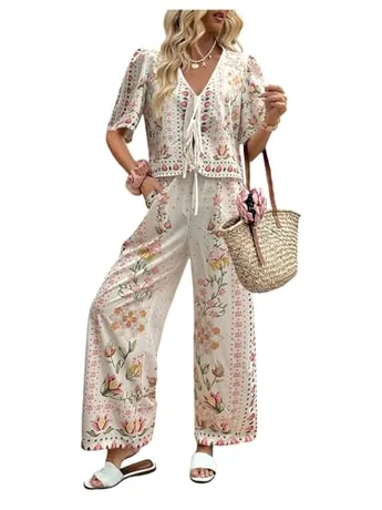 Short Sleeve Floral Outfit Set, Pink (X-Large)