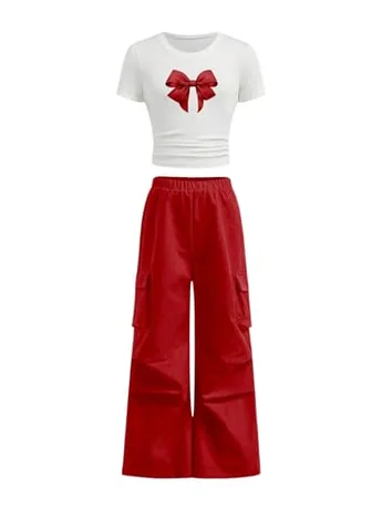 Short Sleeve Graphic Outfit Set, Red