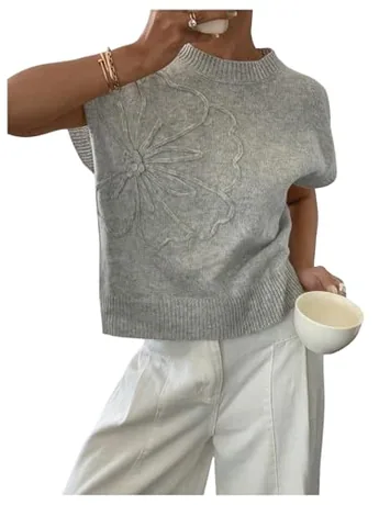 Short Sleeve Knit Knitwear, Grey (Medium)