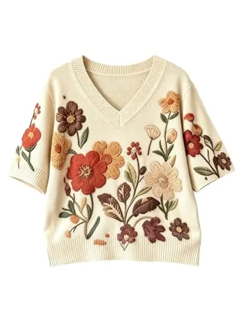 Short Sleeve Knit Knitwear, Beige (X-Large)