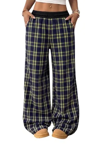 Wide Leg Plaid Trousers, Blue (12 Years)