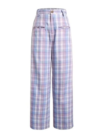 Wide Leg Plaid Trousers, Pink (Small)