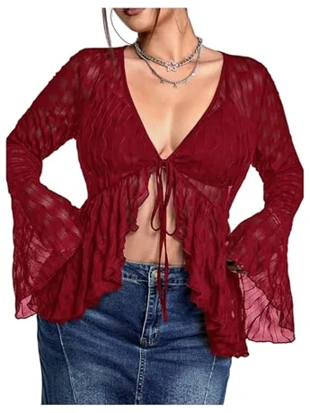 Plus Size Long Sleeve Mesh T-Shirt, Burgundy (4X-Large Plus)