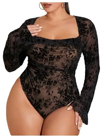 Plus Size Mesh Bodysuit, Black (4X-Large Plus)