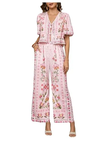 Short Sleeve Floral Outfit Set, Pink (Large)