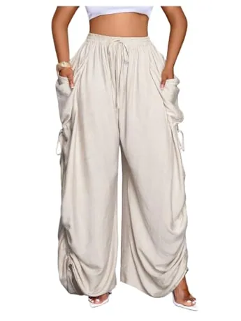 Wide Leg Ruched Trousers, Apricot
