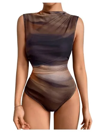 Sleeveless Mesh Bodysuit, Brown