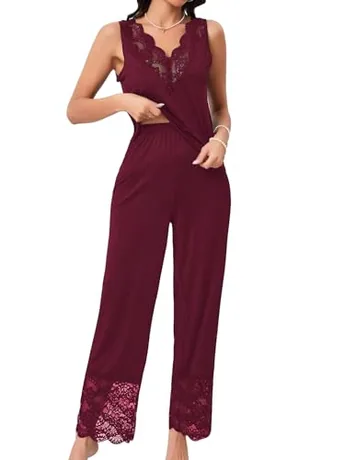 Sleeveless Lace Sleep Set, Burgundy