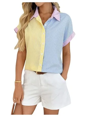 Short Sleeve Striped Blouse, Multicolour