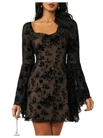 Long Sleeve Floral Dress, Black (X-Large)