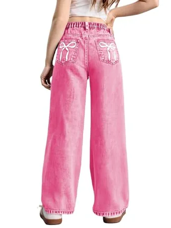 Wide Leg Denim Jeans, Pink (7 Years)