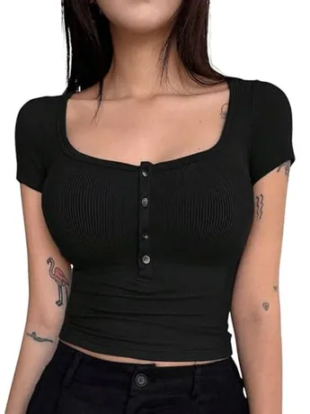 Short Sleeve Knit Crop Top, Black