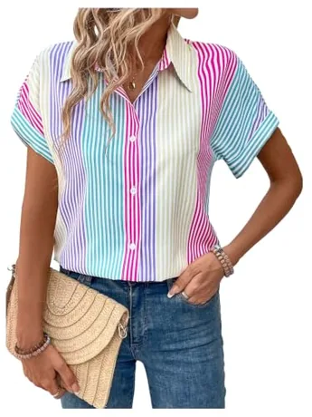 Short Sleeve Striped Blouse, Blue
