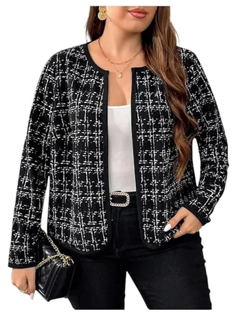 Plus Size Long Sleeve Plaid Jacket, Black