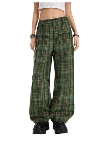 Wide Leg Plaid Trousers, Green (Medium)