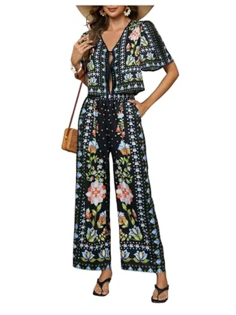 Short Sleeve Floral Outfit Set, Black (X-Large)