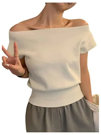 Short Sleeve Knit Knitwear, Beige (Small)