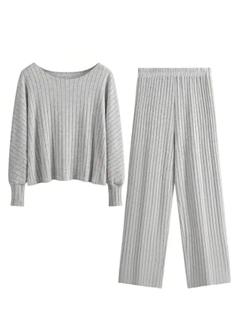 Plus Size Long Sleeve Knit Sleep Set, Grey