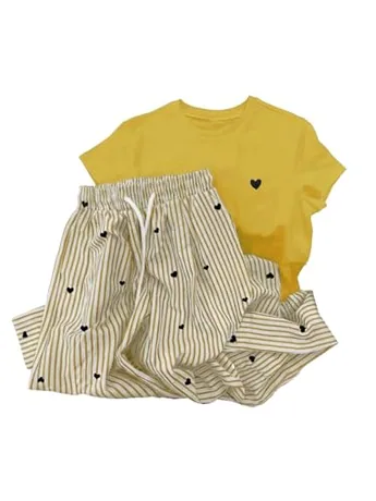 Short Sleeve Striped Outfit Set, Yellow