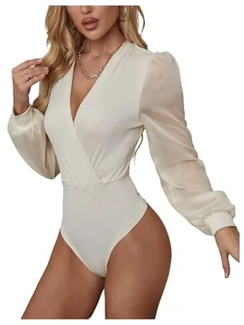 Long Sleeve Mesh Bodysuit, Apricot (Large)