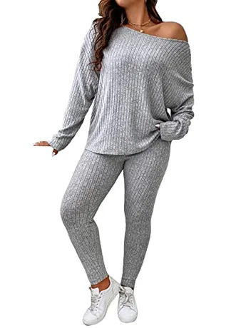 Plus Size Long Sleeve Ribbed Outfit Set, Grey