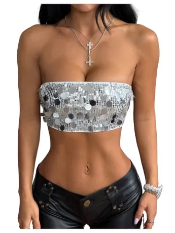 Sleeveless Sequin Crop Top, Silver (Small)