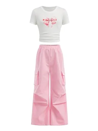 Short Sleeve Graphic Outfit Set, Pink (13 Years)