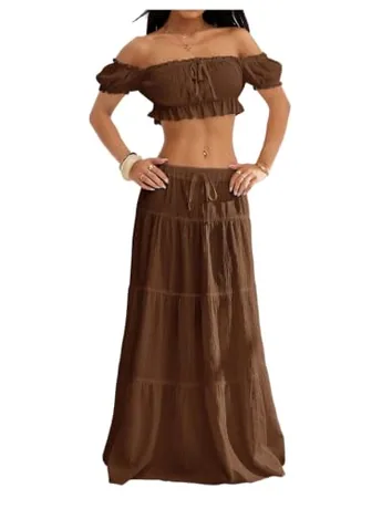 Off Shoulder Outfit Set, Brown (Petite L)