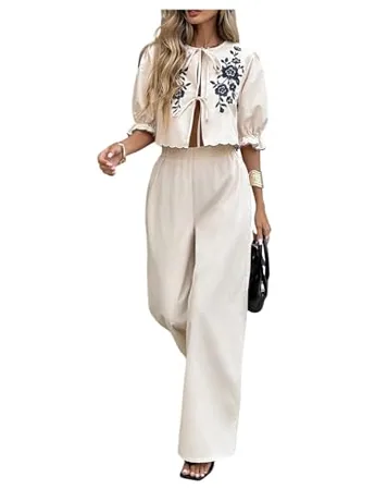 Wide Leg Floral Outfit Set, Apricot