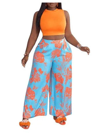 Plus Size Sleeveless Floral Outfit Set, Multicolour