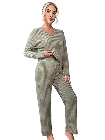 Long Sleeve Knit Sleep Set, Khaki (Large)
