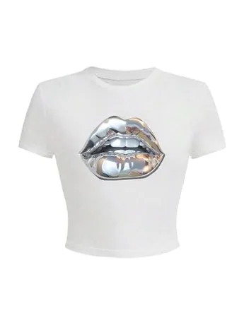 Short Sleeve Graphic Crop Top, White
