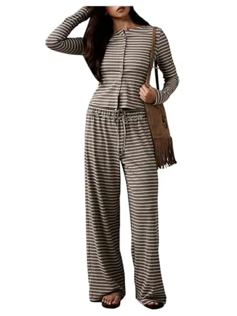 Long Sleeve Striped Sleep Set, Brown (X-Large)