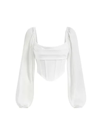 Long Sleeve Mesh Corset Top, White (Small)