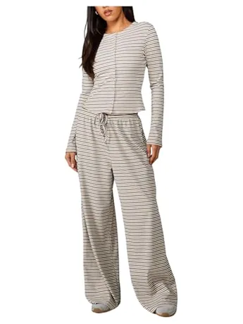 Long Sleeve Striped Sleep Set, Khaki