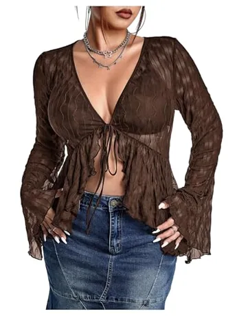 Plus Size Long Sleeve Mesh T-Shirt, Coffee (X-Large Plus)