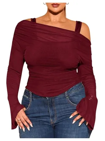 Plus Size Long Sleeve Off Shoulder T-Shirt, Burgundy (3X-Large Plus)