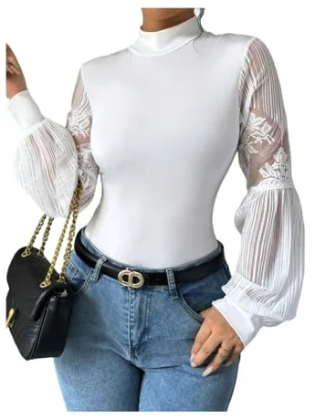 Long Sleeve Lace Bodysuit, White