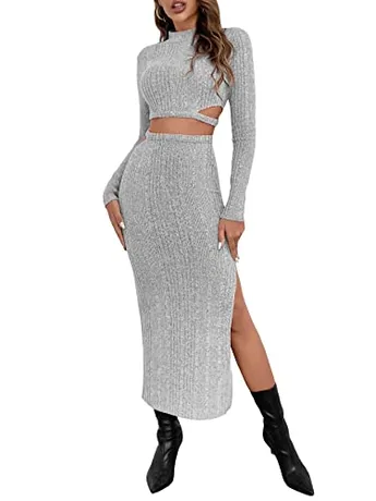 Long Sleeve Knit Outfit Set, Grey (Large)