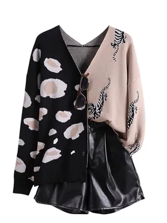 Long Sleeve Leopard Knitwear, Black (Large)