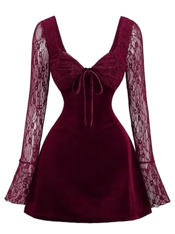 Mini Lace Dress, Burgundy (tie front)