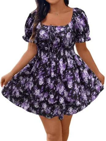 Plus Size Short Sleeve Floral Dress, Purple (XX-Large Plus)