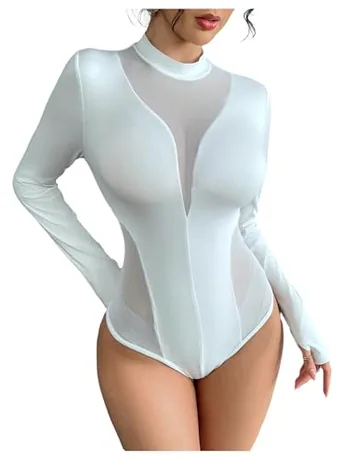 Long Sleeve Mesh Bodysuit, White (Medium)