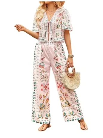 Short Sleeve Floral Outfit Set, Green