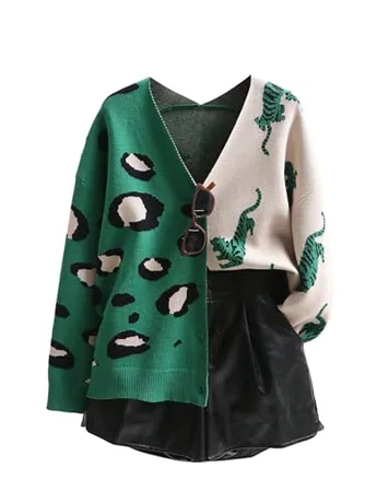 Long Sleeve Leopard Knitwear, Green (Medium)